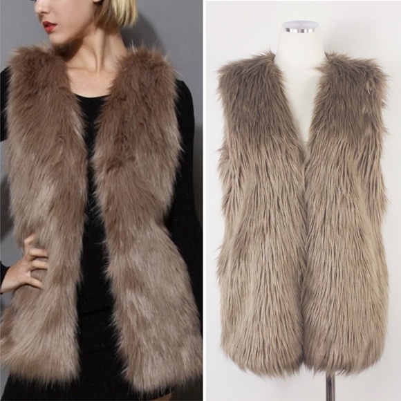 Long Hair Faux Fur Sheen Brown Taupe Vest Boho M L - Picture 2 of 8